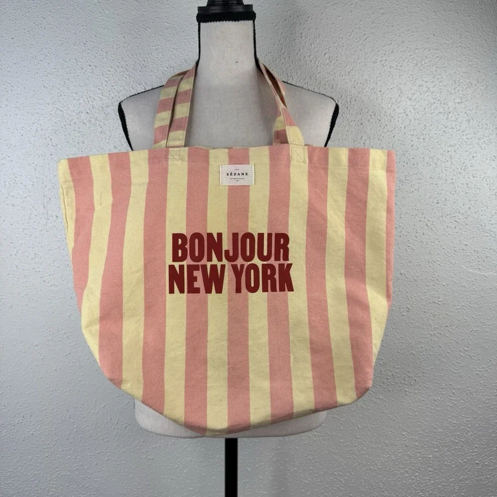 Bonjour New York Striped Yellow Pink Women's Canvas Tote Bag Beach Pool Travel